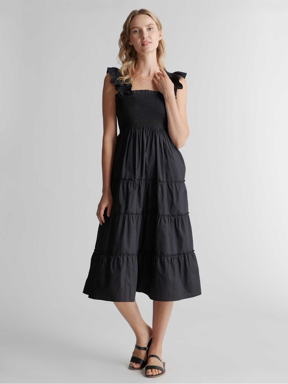 Quince Organic Cotton Smocked Midi Dress in Black Size S